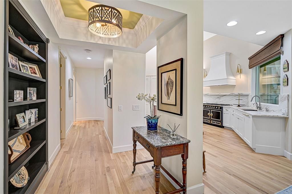 Interior, Kitchen, Marble Walls, Recessed Lighting, Wood Texture Flooring