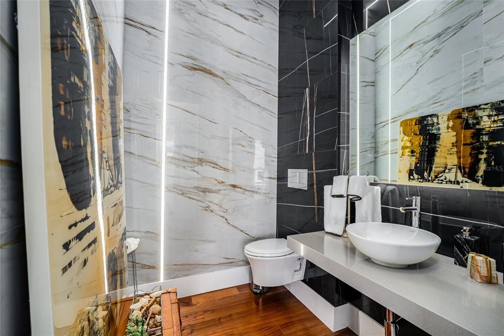 Bathroom, Interior, Marble Walls, Wood Texture Flooring