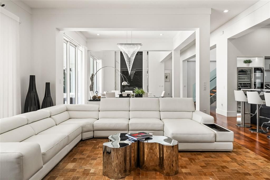 Dining room, Interior, Living room, Pendant Lights, Recessed Lighting, Wood Texture Flooring
