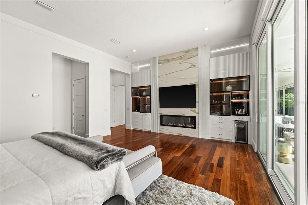 Bedroom, Fireplace, Interior, Marble Walls, Recessed Lighting, Wood Texture Flooring
