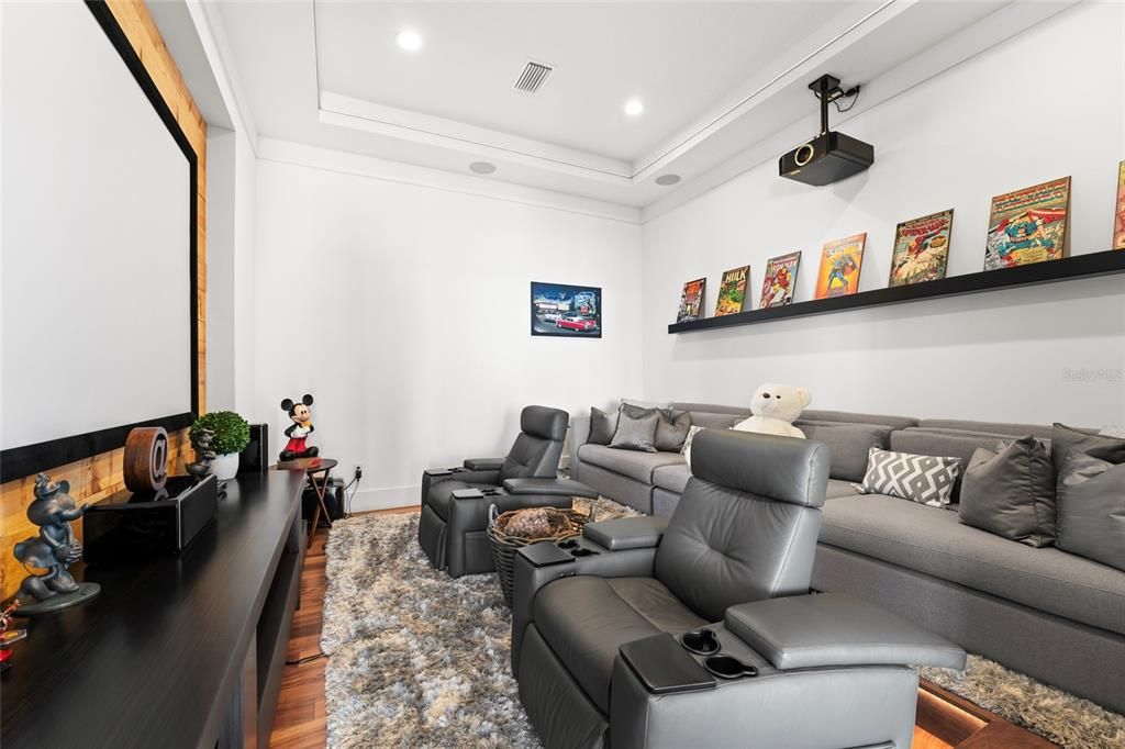 Home Theatre Room, Interior, Projection Screen, Recessed Lighting, Theatre Room, Wood Texture Flooring