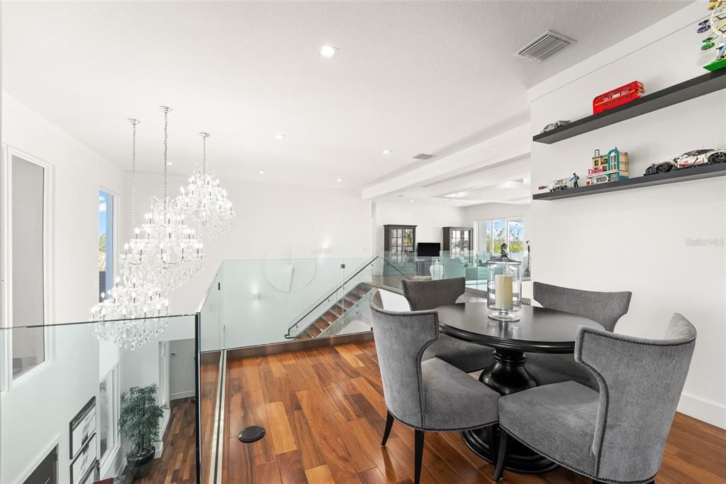 Chandelier, Dining room, Interior, Recessed Lighting, Wood Texture Flooring