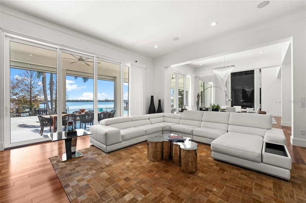 Dining room, Interior, Living room, Recessed Lighting, Water, Wood Texture Flooring