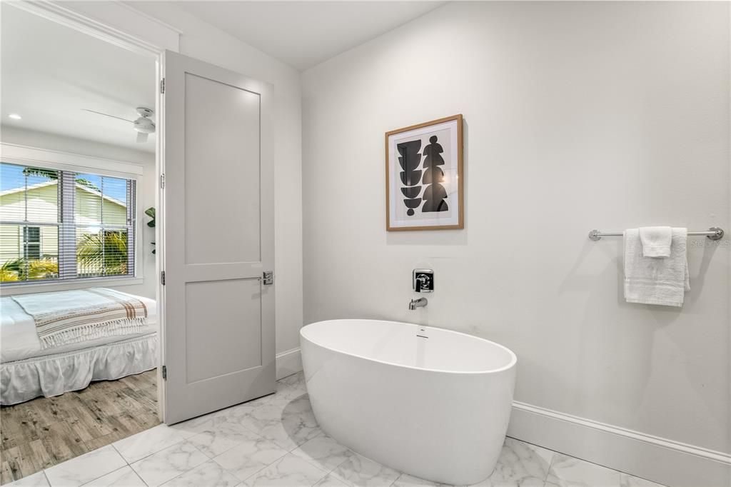 Bathroom, Bedroom, Free Standing Baths, Interior, Marble, Recessed Lighting, Wood Texture Flooring