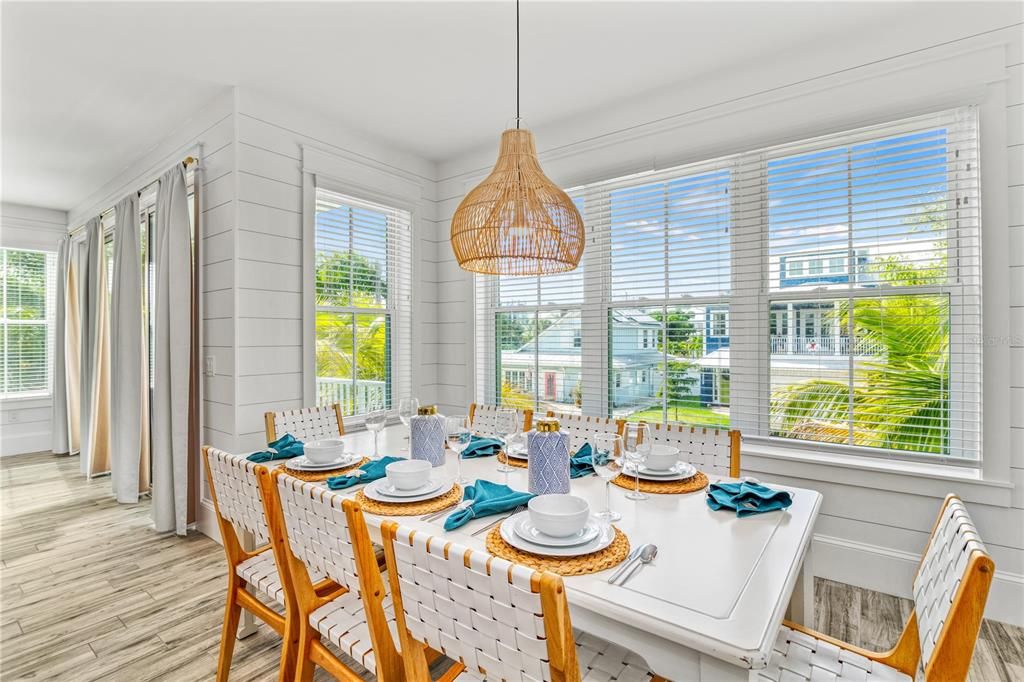 Dining room, Interior, Pendant Lights, Wood Texture Flooring
