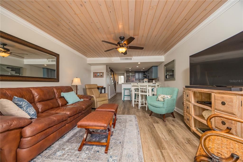 Interior, Kitchen, Living room, Recessed Lighting, Wooden Ceilings, Wood Texture Flooring