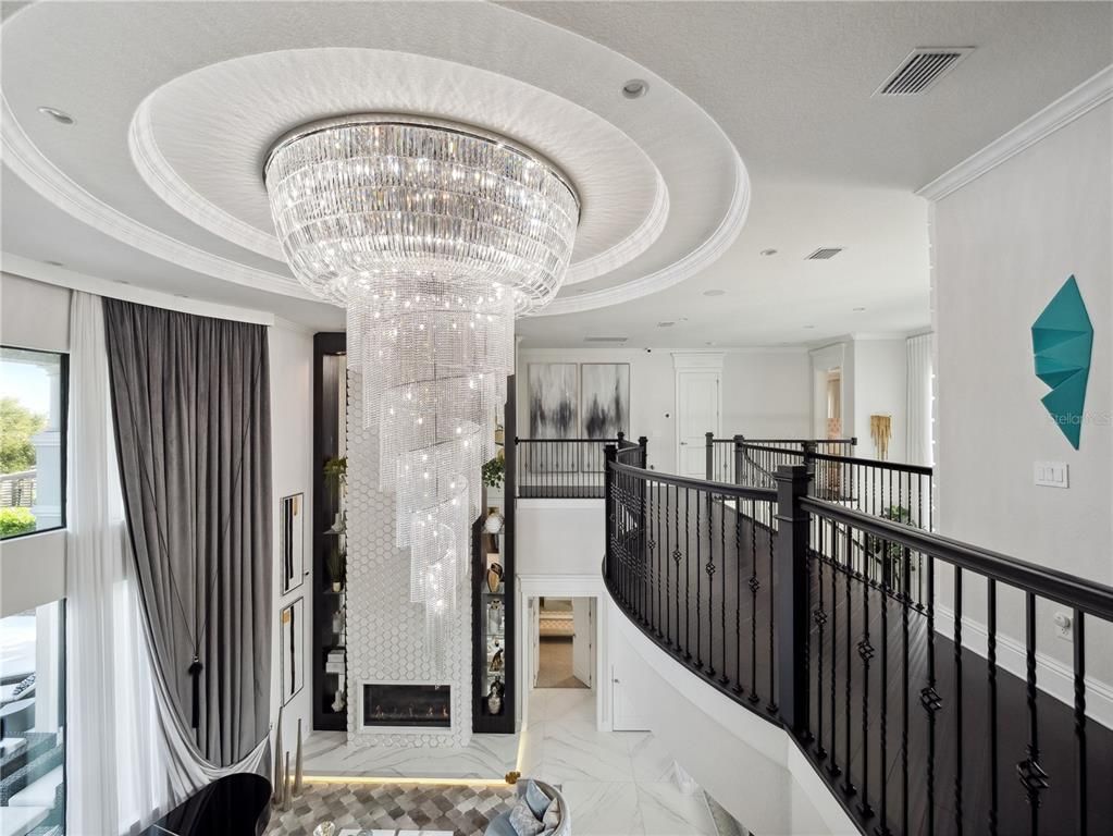 Chandelier, Fireplace, Interior, Marble, Recessed Lighting