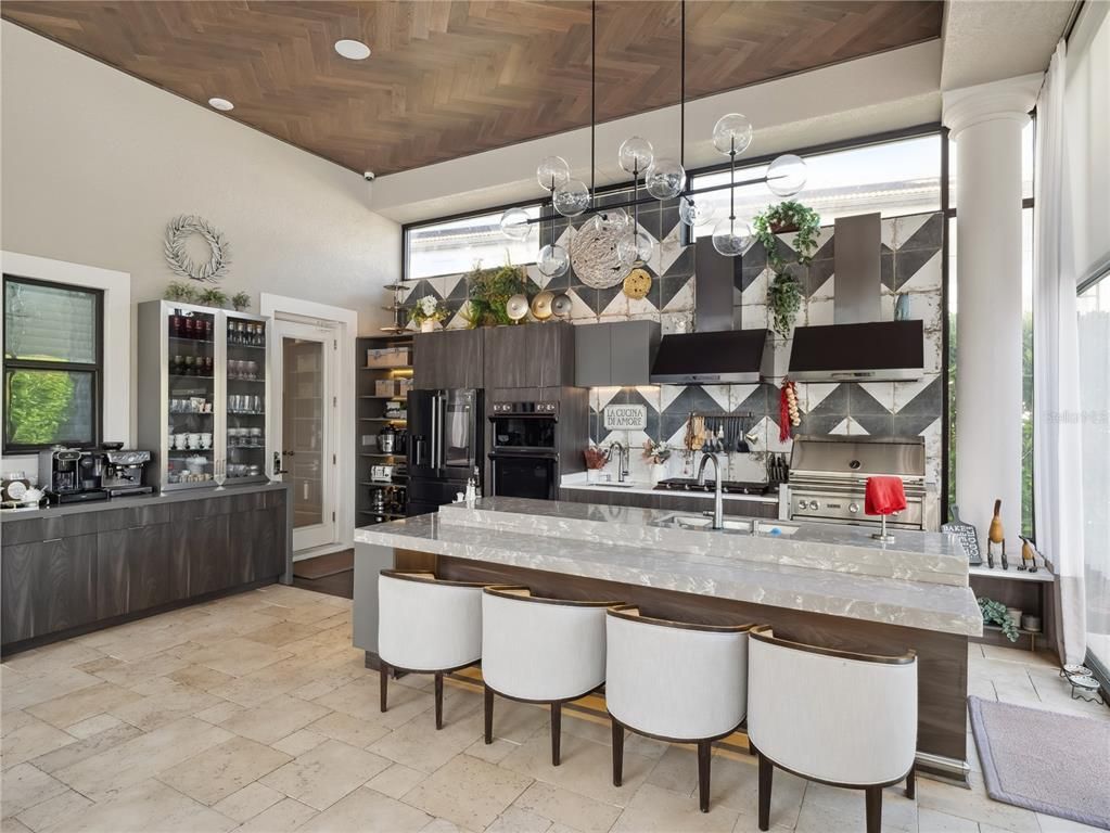 Interior, Kitchen, Pendant Lights, Recessed Lighting, Stainless Steel Appliances, Wooden Ceilings