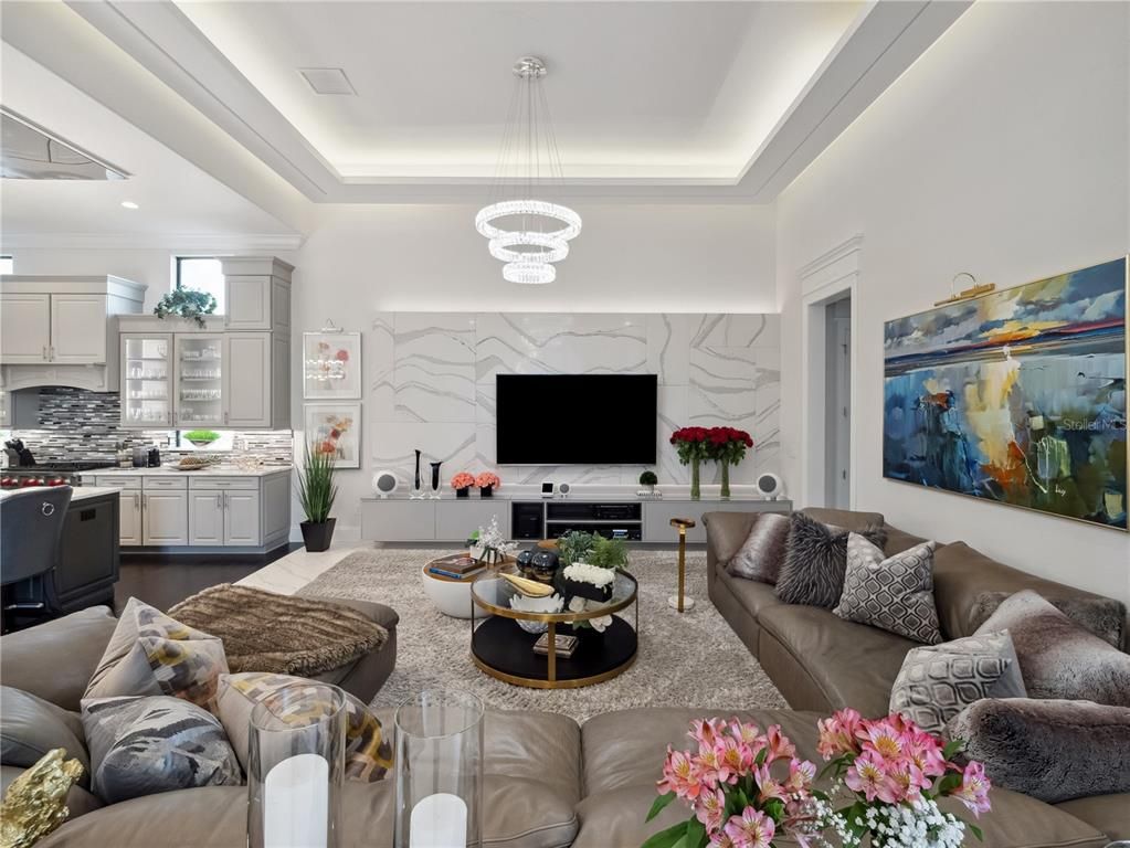 Interior, Kitchen, Living room, Marble Walls, Pendant Lights, Recessed Lighting