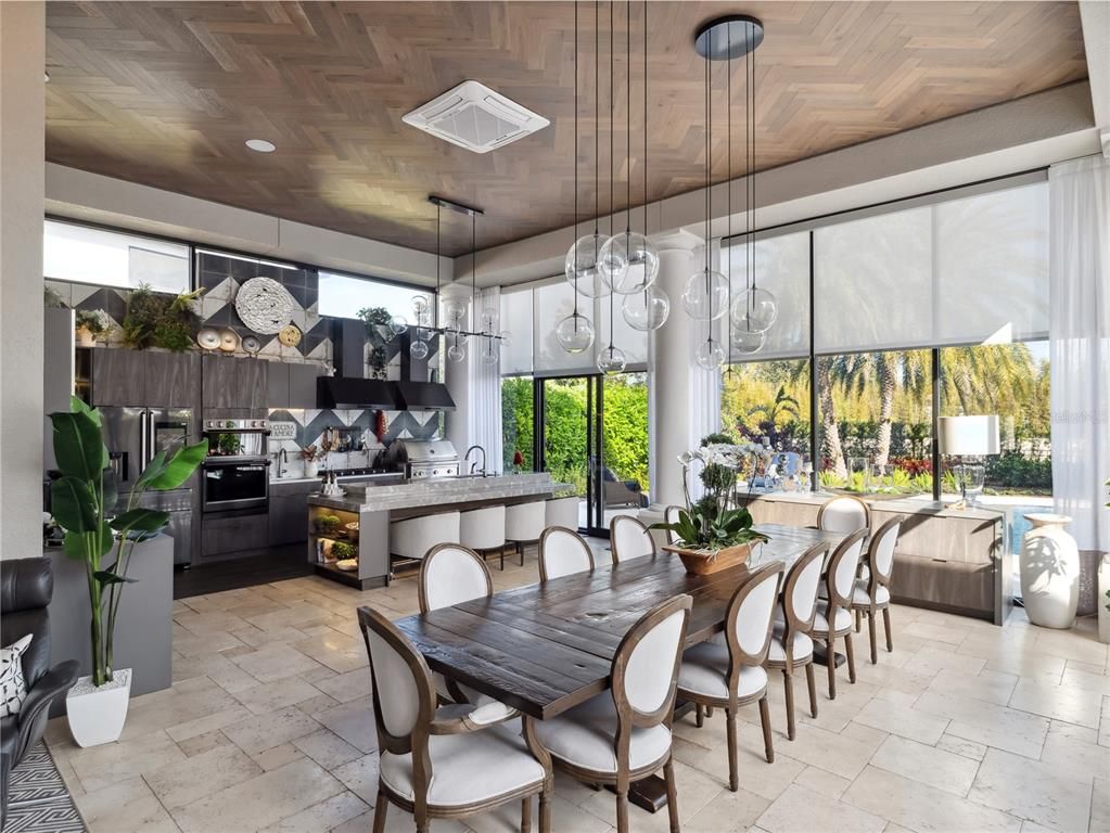 Dining room, Interior, Kitchen, Pendant Lights, Stainless Steel Appliances, Wooden Ceilings