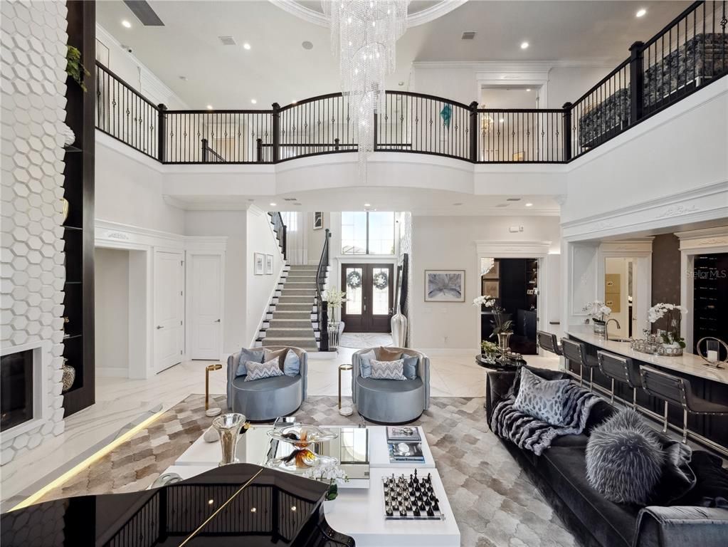 Chandelier, Fireplace, Interior, Living room, Recessed Lighting