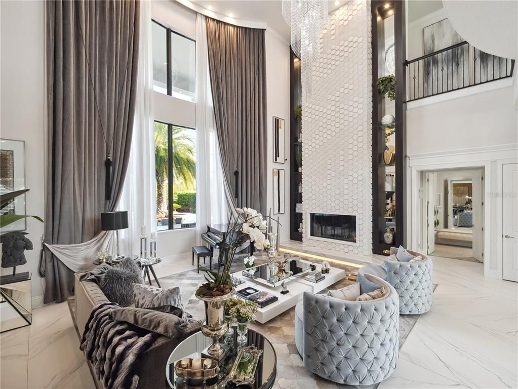 Fireplace, Interior, Living room, Marble, Recessed Lighting