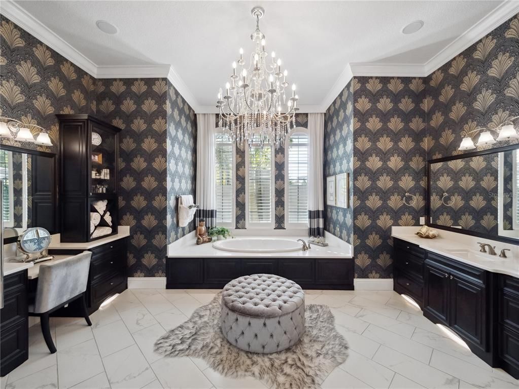 Bathroom, Chandelier, Dual Sink Vanities, Interior, Marble