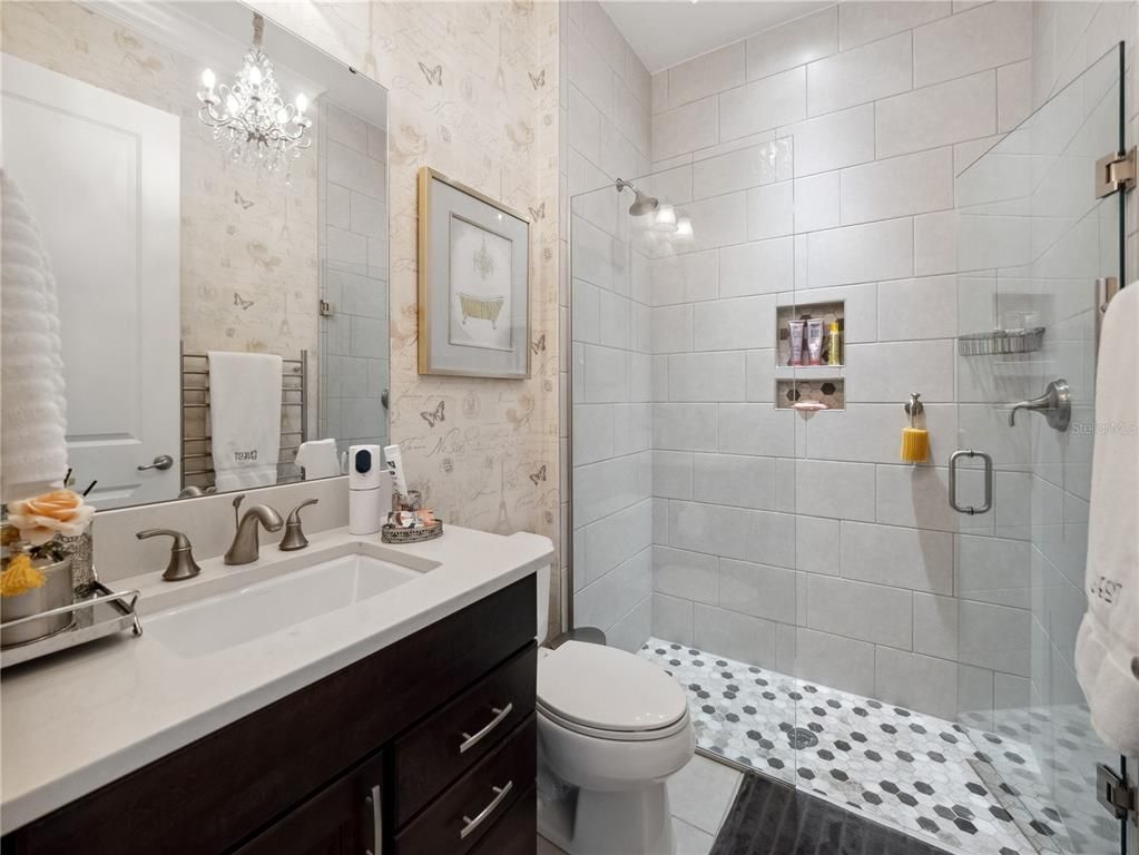 Bathroom, Chandelier, Glass Shower, Interior