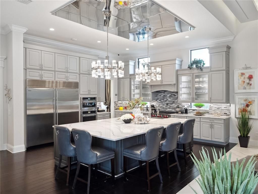 Chandelier, Interior, Kitchen, Pendant Lights, Recessed Lighting, Stainless Steel Appliances, Wood Texture Flooring