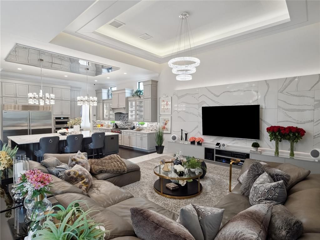 Dining room, Interior, Kitchen, Living room, Marble Walls, Pendant Lights, Recessed Lighting