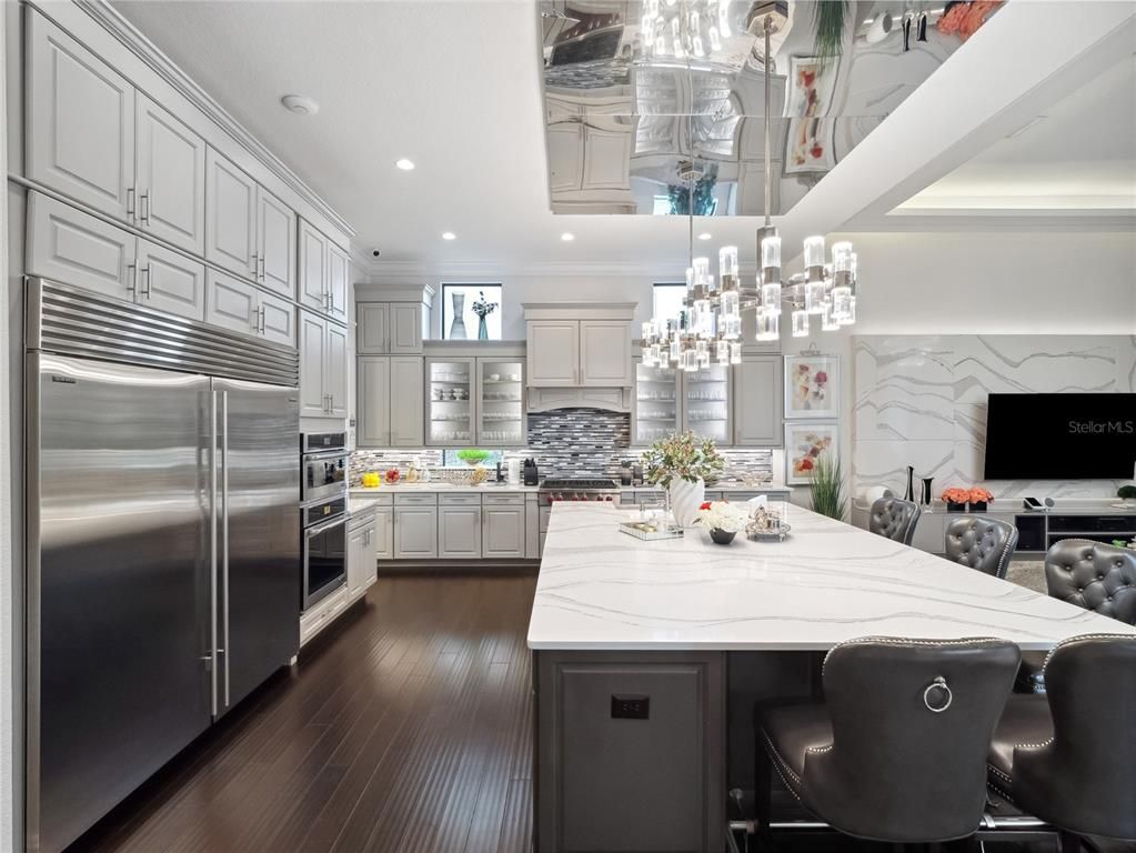 Chandelier, Interior, Kitchen, Recessed Lighting, Stainless Steel Appliances, Wood Texture Flooring
