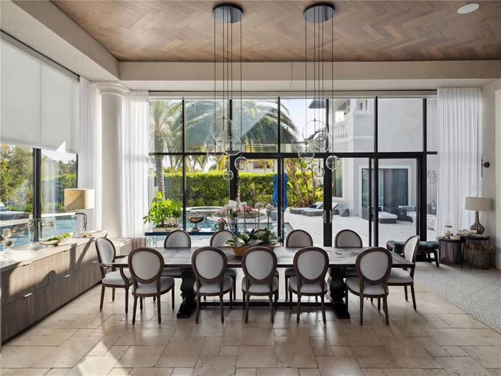 Dining room, Interior, Pendant Lights, Sun Room, Wooden Ceilings