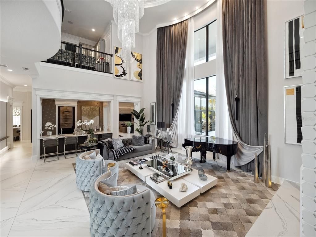 Chandelier, Interior, Living room, Marble, Piano, Recessed Lighting