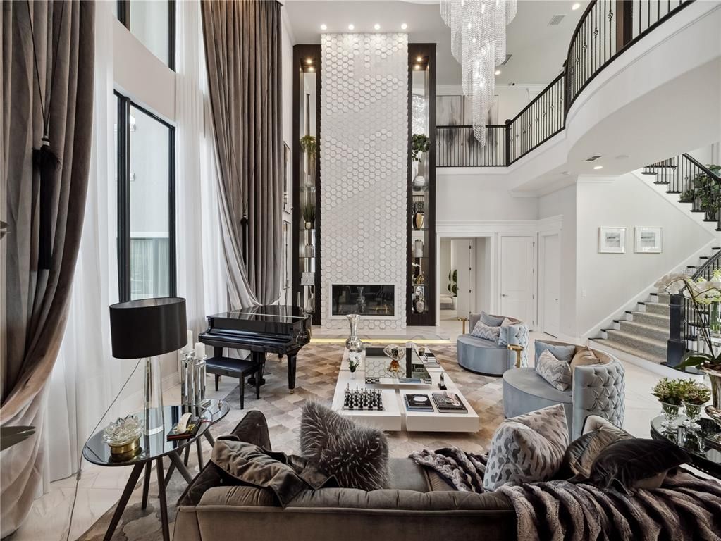 Chandelier, Fireplace, Interior, Living room, Piano, Recessed Lighting