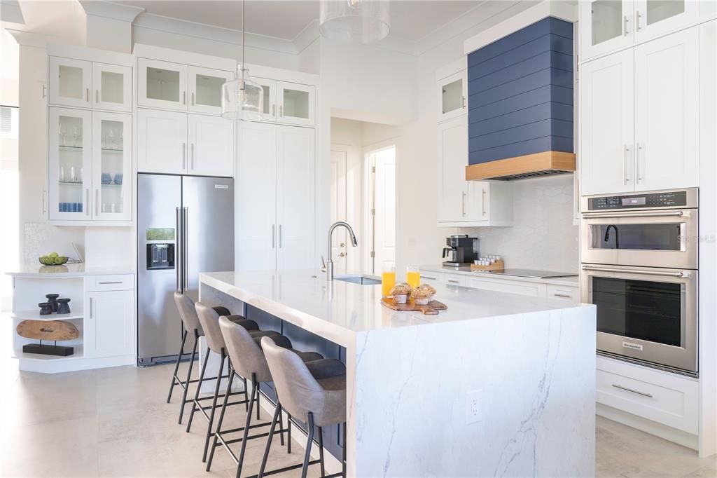 Interior, Kitchen, Marble Walls, Pendant Lights, Stainless Steel Appliances