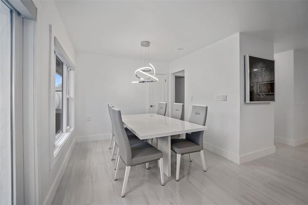Dining room, Interior, Marble, Pendant Lights, Wood Texture Flooring
