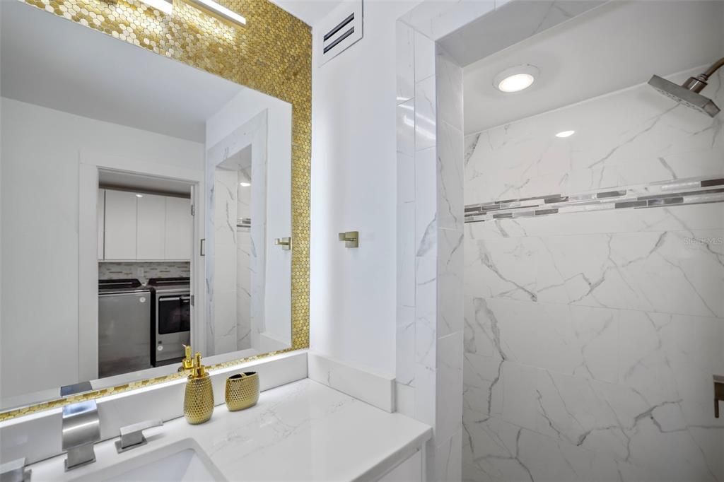 Bathroom, Interior, Marble Walls, Recessed Lighting