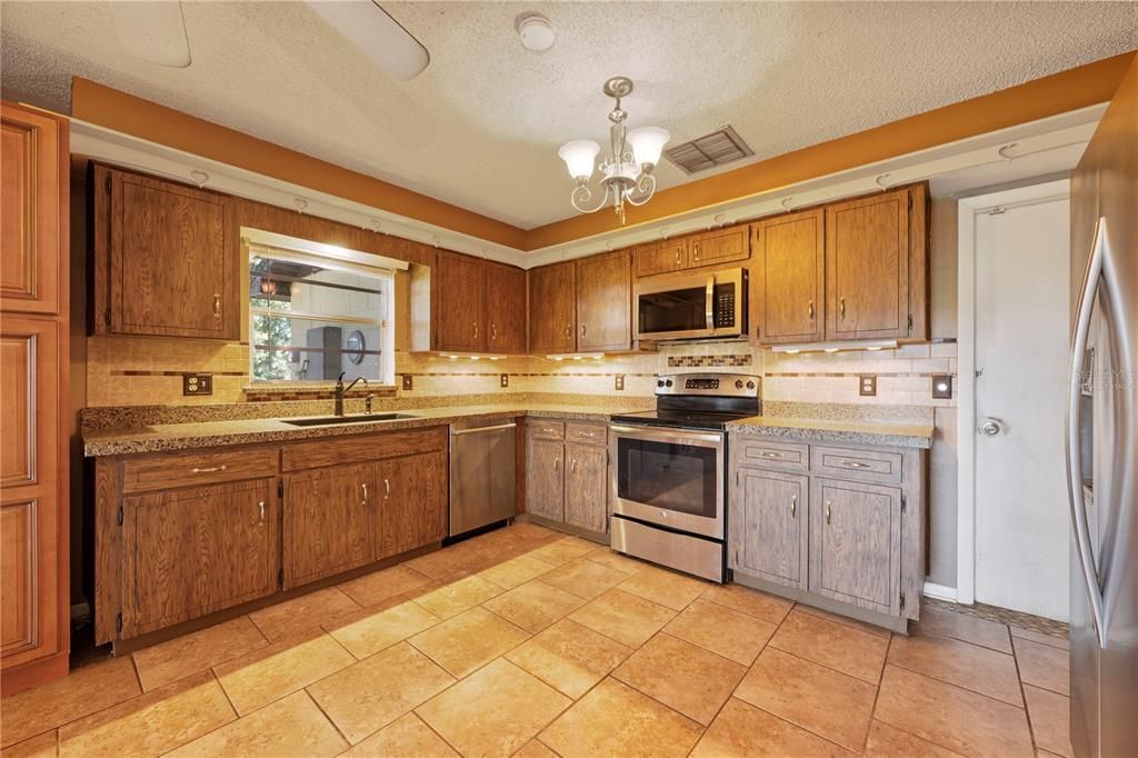 Chandelier, Interior, Kitchen, Stainless Steel Appliances