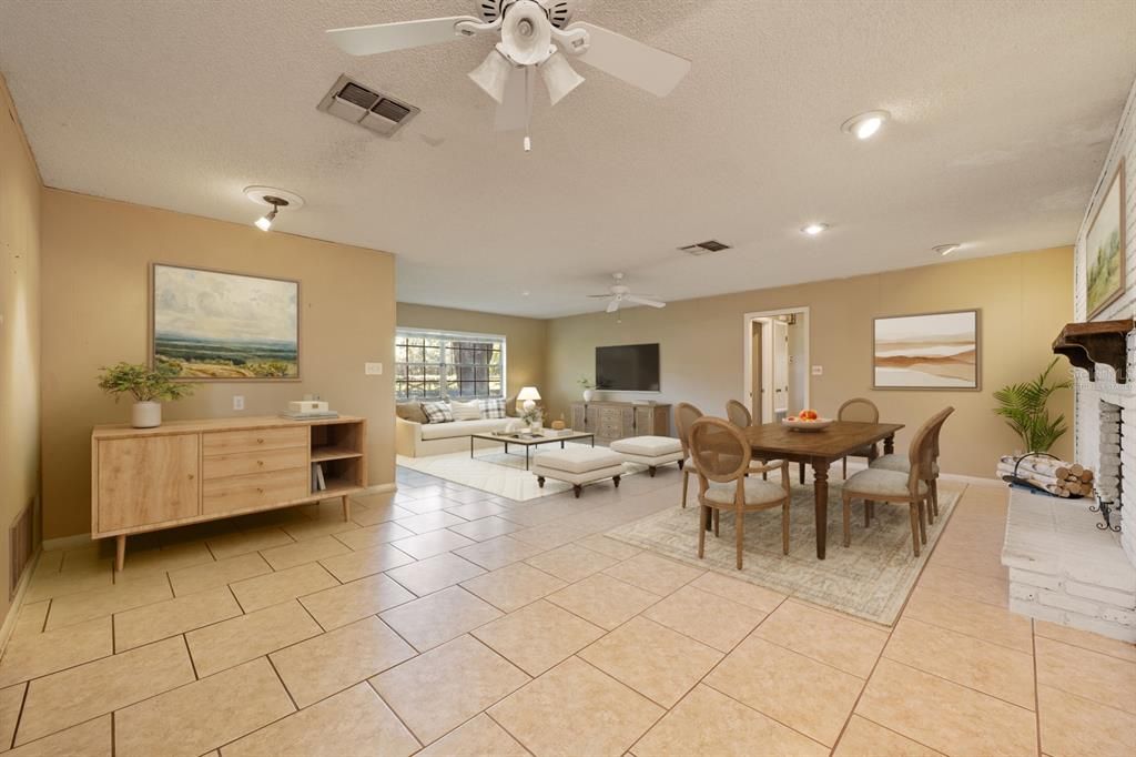 Dining room, Fireplace, Interior, Living room, Recessed Lighting