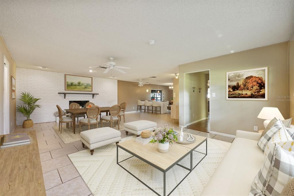 Dining room, Fireplace, Interior, Living room, Recessed Lighting, Stone Walls