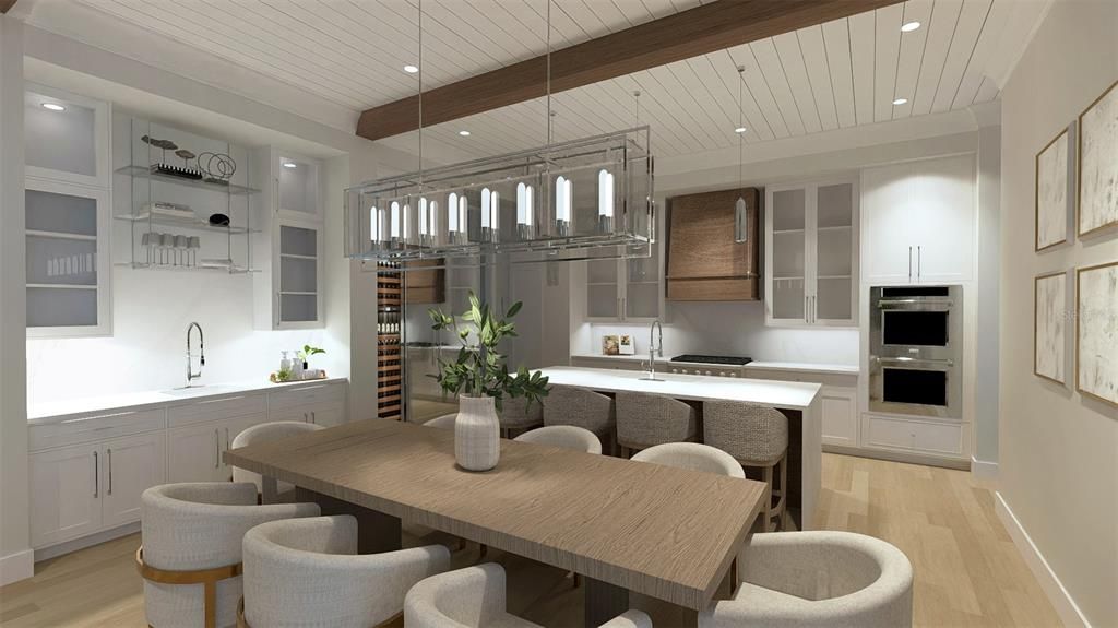 Dining room, Interior, Kitchen, Pendant Lights, Recessed Lighting, Stainless Steel Appliances, Wooden Beams, Wood Texture Flooring