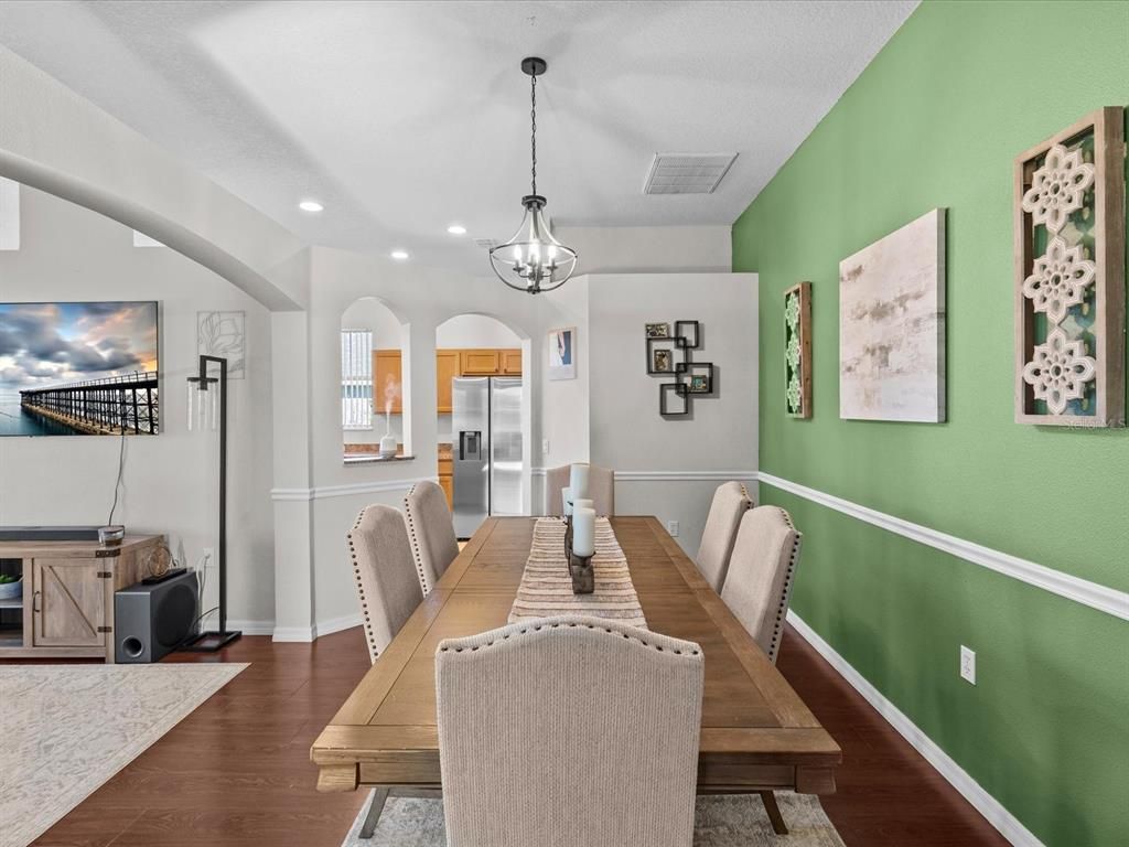 Dining room, Interior, Pendant Lights, Recessed Lighting, Wood Texture Flooring