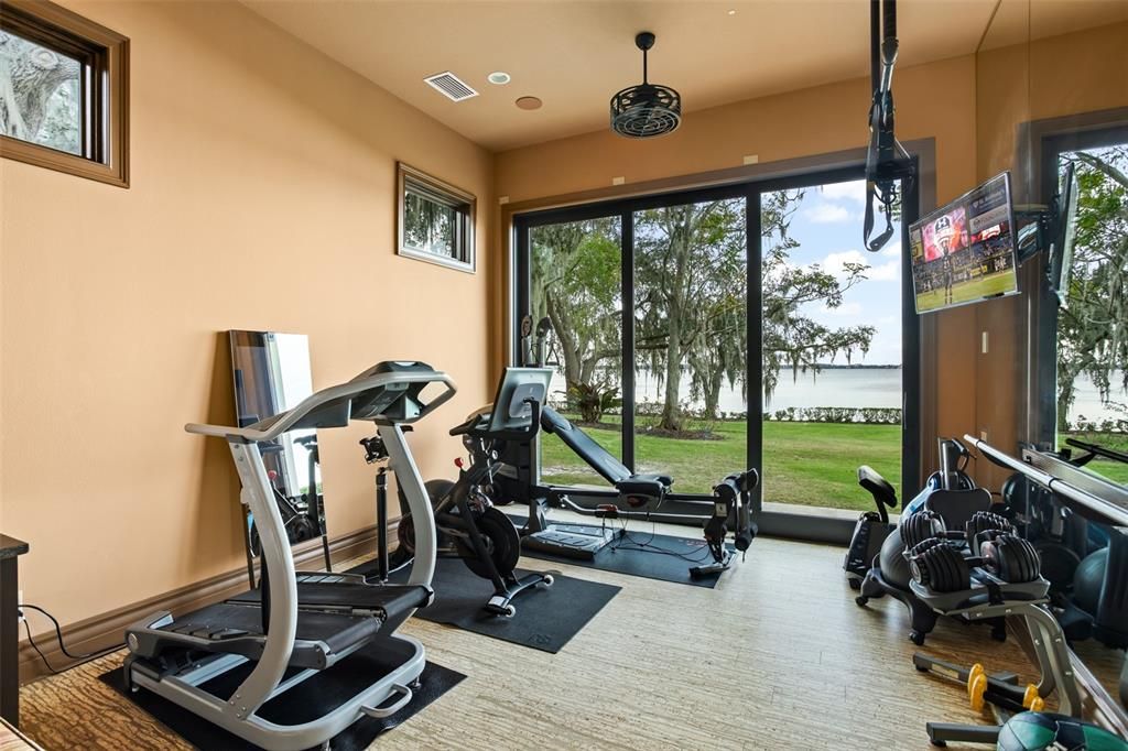 Fitness Equipment, Interior, Recessed Lighting, Water, Wood Texture Flooring