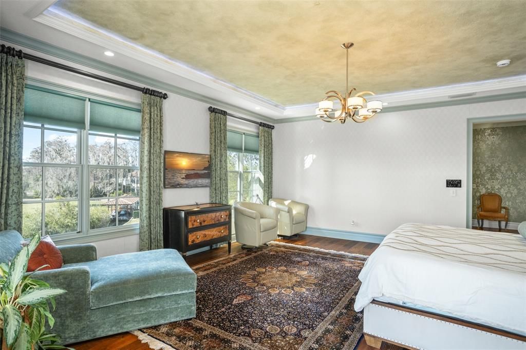 Bedroom, Chandelier, Interior, Pendant Lights, Recessed Lighting, Wood Texture Flooring