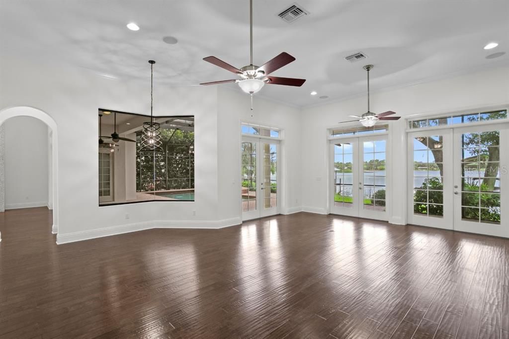 Empty room, Interior, Pendant Lights, Recessed Lighting, Wood Texture Flooring