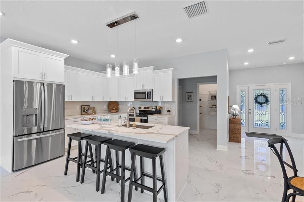Interior, Kitchen, Marble, Pendant Lights, Recessed Lighting, Stainless Steel Appliances