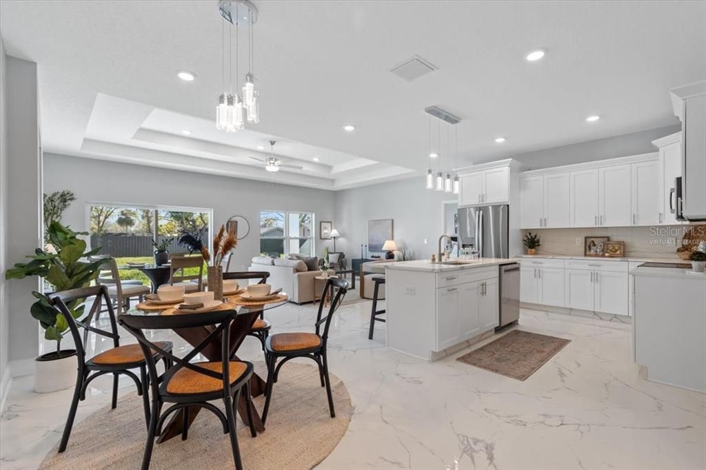 Dining room, Interior, Kitchen, Living room, Marble, Pendant Lights, Recessed Lighting, Stainless Steel Appliances