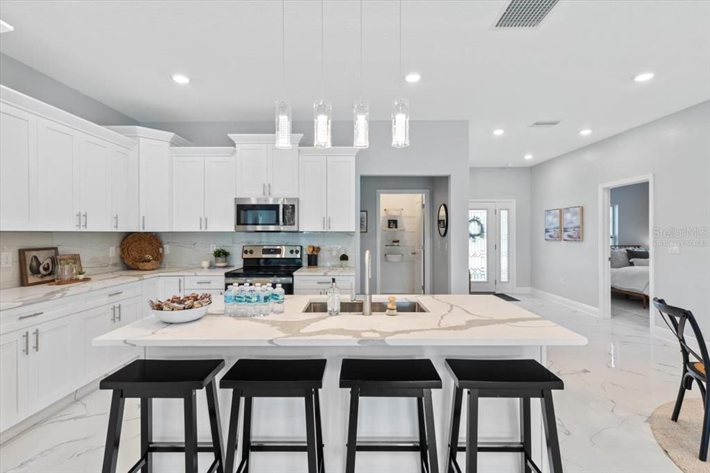 Interior, Kitchen, Marble, Pendant Lights, Recessed Lighting, Stainless Steel Appliances
