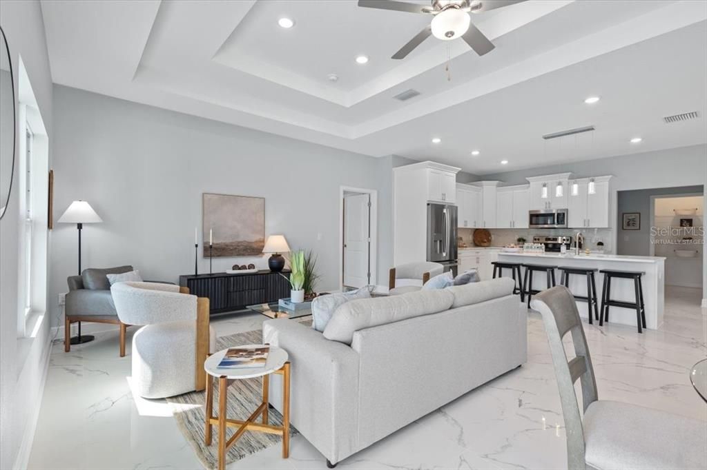 Interior, Kitchen, Living room, Marble, Recessed Lighting, Stainless Steel Appliances