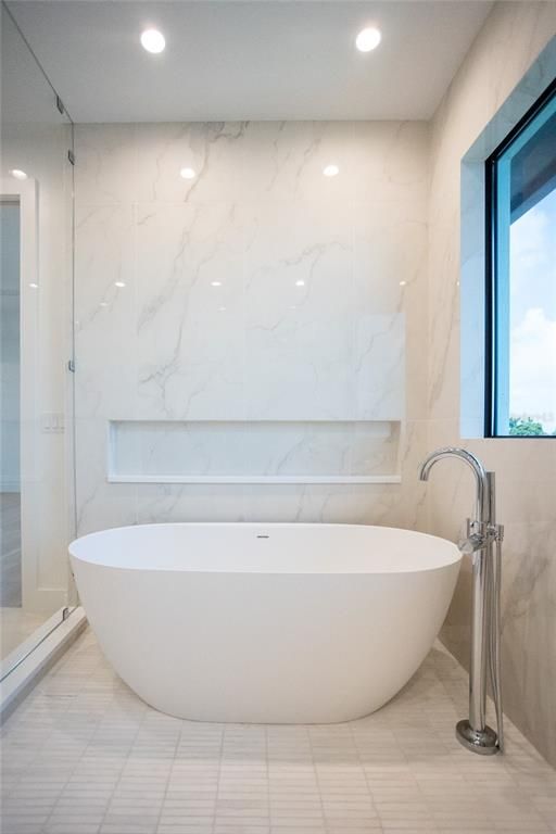 Bathroom, Free Standing Baths, Interior, Marble Walls, Recessed Lighting