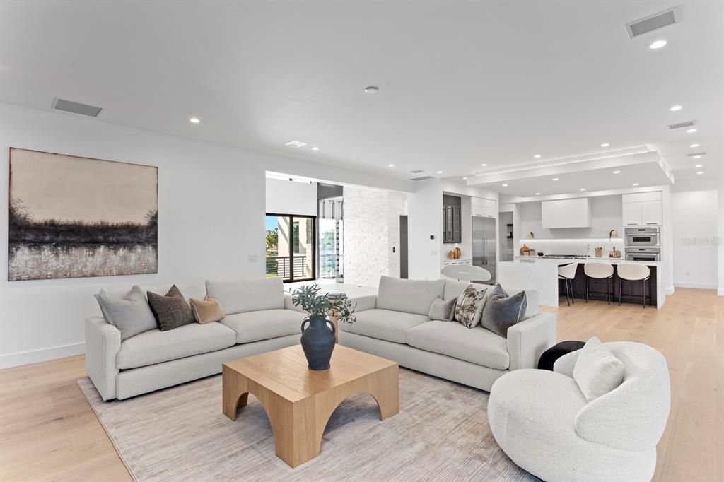 Interior, Kitchen, Living room, Recessed Lighting, Stainless Steel Appliances, Wood Texture Flooring