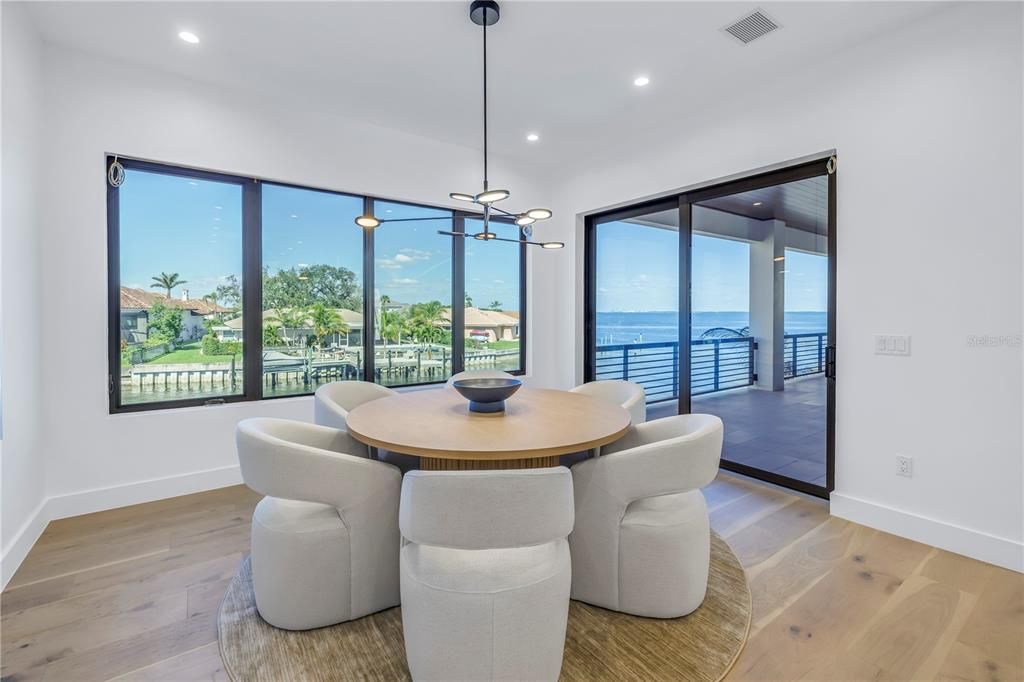 Dining room, Interior, Pendant Lights, Recessed Lighting, Water, Wood Texture Flooring