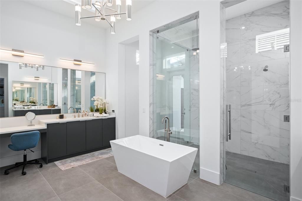 Bathroom, Free Standing Baths, Glass Shower, Interior, Marble Walls