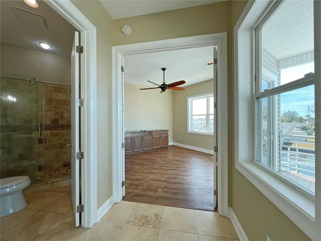 Bathroom, Glass Shower, Interior, Recessed Lighting, Wood Texture Flooring