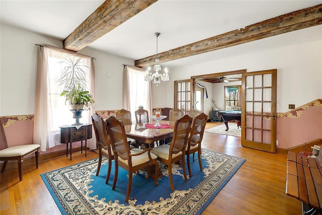Billiard Table, Chandelier, Dining room, Interior, Wooden Beams, Wood Texture Flooring