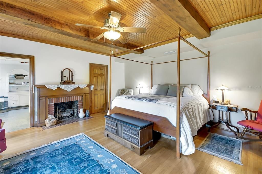 Bedroom, Fireplace, Interior, Wooden Beams, Wooden Ceilings, Wood Texture Flooring
