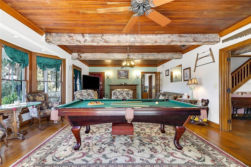 Billiard Table, Game Room, Interior, Wooden Beams, Wooden Ceilings, Wood Texture Flooring