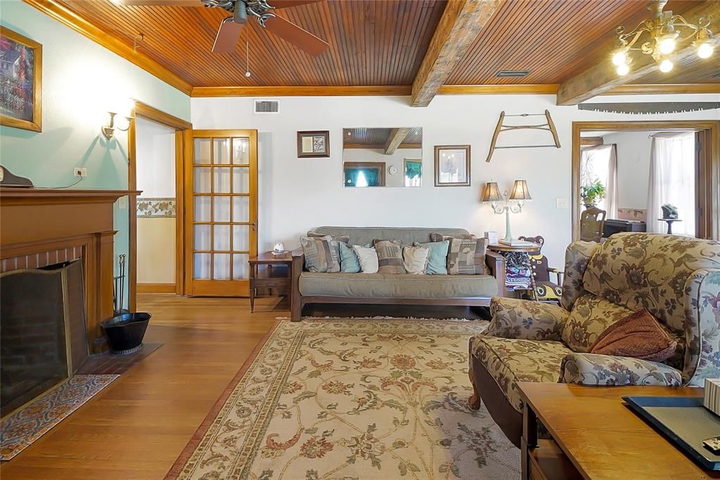 Chandelier, Fireplace, Interior, Living room, Wooden Beams, Wooden Ceilings, Wood Texture Flooring