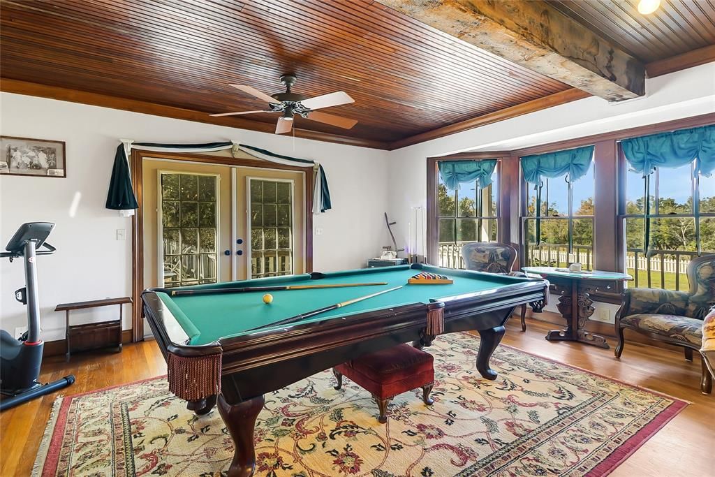 Billiard Table, Fitness Equipment, Game Room, Interior, Wooden Beams, Wooden Ceilings, Wood Texture Flooring