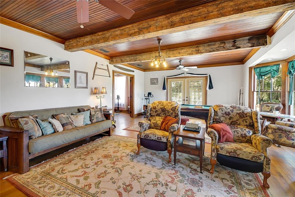 Billiard Table, Chandelier, Game Room, Interior, Living room, Wooden Beams, Wooden Ceilings, Wood Texture Flooring